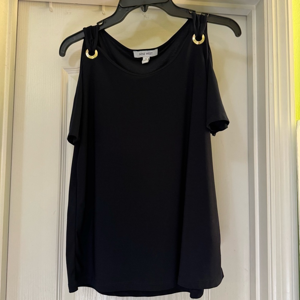 Nine West Navy Blue Short Sleeve Drapey Cold-Shoulder Blouse